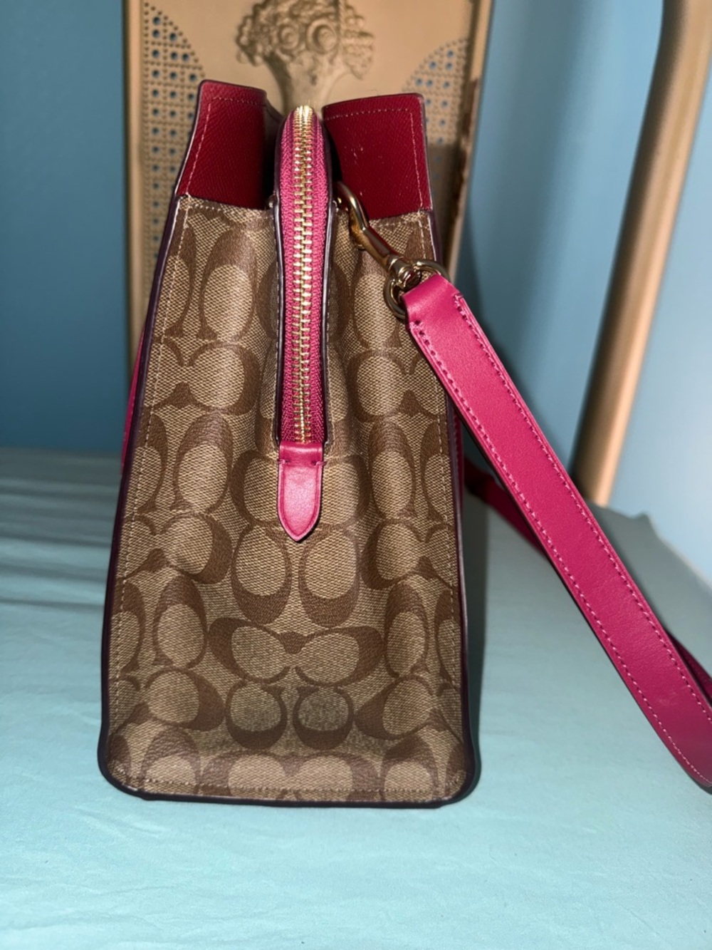 Coach Brown Signature Canvas Tote with Magenta Trim - Picture 4 of 7